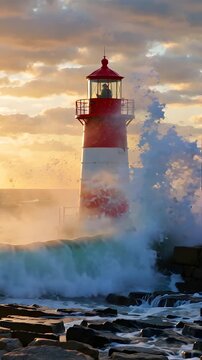 Stormy Seas and a Lighthouse Under Siege: The Monumental Splash of a Giant Wave Against Rocky Shores at Sunset.