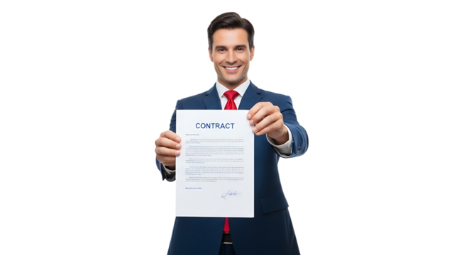 A professional man in a suit presents a contract with a smile, signifying agreement and legal document exchange.