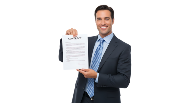 Confident businessman showcases a contract, embodying success, professional expertise, and deal-making confidence for business.