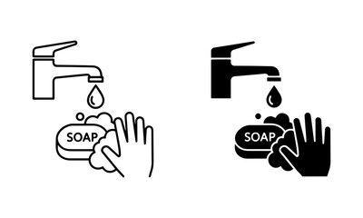 Soap and Faucet with bar of soap in hand Icons in Outline and Solid Black Vector