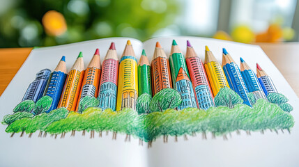 Colorful drawing of tall buildings made with colored pencils, surrounded by green trees, creating vibrant urban landscape. artwork s creativity and imagination