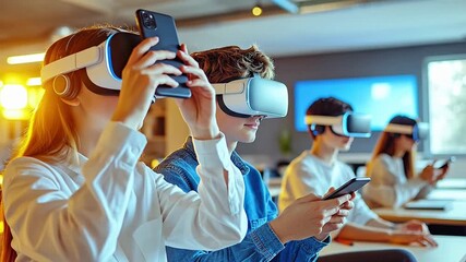 Group of individuals engaged in virtual reality experiences in a classroom.