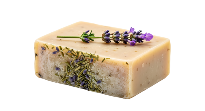 Natural handmade soap bar with a lavender sprig, adding a touch of elegance and aromatherapy to skincare routine.