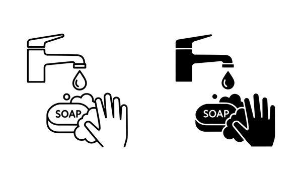 Soap and Faucet with bar of soap in hand Icons in Outline and Solid Black Vector