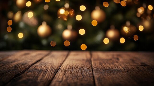 Warm, inviting wooden table surface with blurred festive golden bokeh lights from a decorated Christmas tree creating a cozy holiday atmosphere