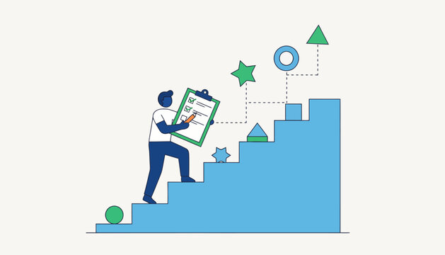 An individual with a checklist ticking off completed objectives while climbing a staircase representing progress toward larger aspirations.