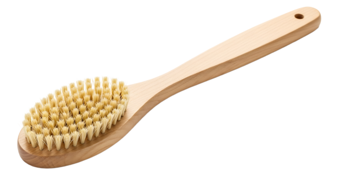 A natural bristle brush with a long, smooth, light wooden handle, designed for body exfoliation and skin health.