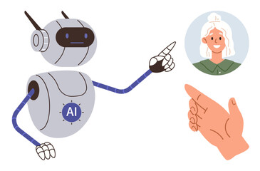 AI robot pointing at female profile, communicating with hand gestures. Ideal for artificial intelligence, technology, future innovation, human-AI interaction, communication, robotics, teamwork