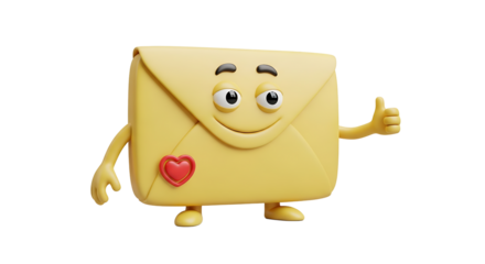 A cheerful yellow envelope character, adorned with a heart, enthusiastically gives a thumbs-up on a transparent background.