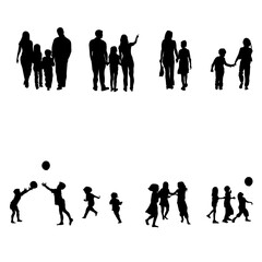 Modern vector set of 20 silhouettes of families and children in natural poses - walking together, holding hands, and playing with a ball. Minimalist black design for creative use in architecture