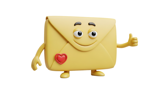A cheerful yellow envelope character, adorned with a heart, enthusiastically gives a thumbs-up on a transparent background. - Powered by Adobe
