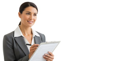 An attractive woman with long hair and a suit writing notes and smiling is ready to succeed professionally.