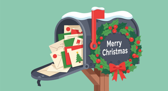 Festive mailbox overflowing with christmas cards and decorated with a holly wreath and bow