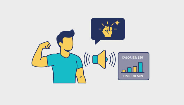 A fitness enthusiast using a voice assistant to track workout stats and give motivational advice during a home exercise session.