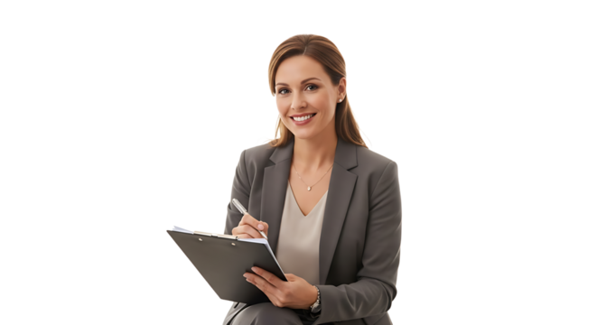 Confident professional woman, smiling and taking notes on a clipboard, radiating poise and professionalism with purpose.