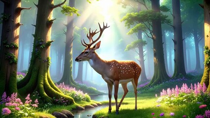 A serene deer stands in a sunlit forest glade, surrounded by vibrant flora.