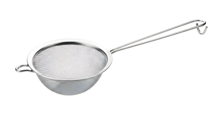 A stainless steel mesh strainer with a long handle and small hanging hook at the end, used for cooking or baking.
