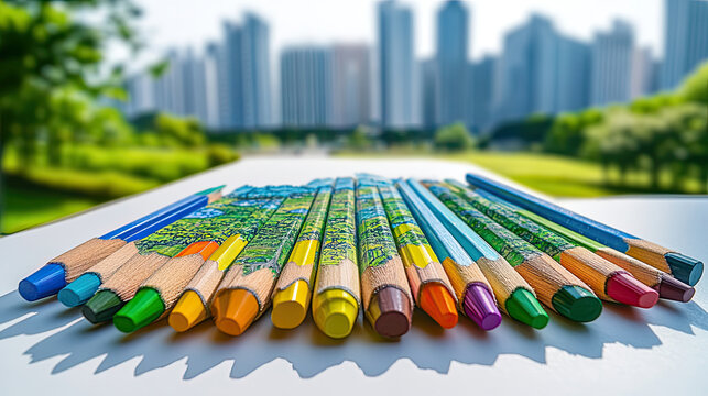 Colorful colored pencils arranged neatly on table, with vibrant city skyline in background. scene captures creative , artistic and inspiration - Powered by Adobe