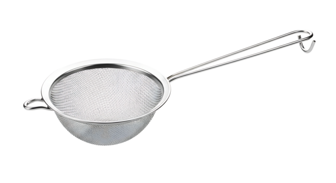 A stainless steel mesh strainer with a long handle and small hanging hook at the end, used for cooking or baking.