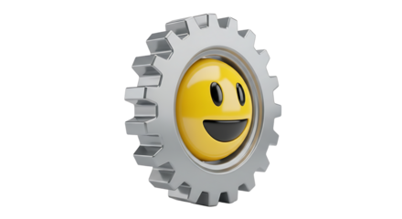 A cartoonish smiley face is set inside a metal gear, creating a friendly and approachable mechanical character.