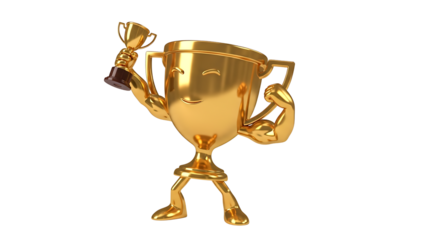 A golden trophy with arms, legs and face holds a small trophy above its head against a transparent background. 