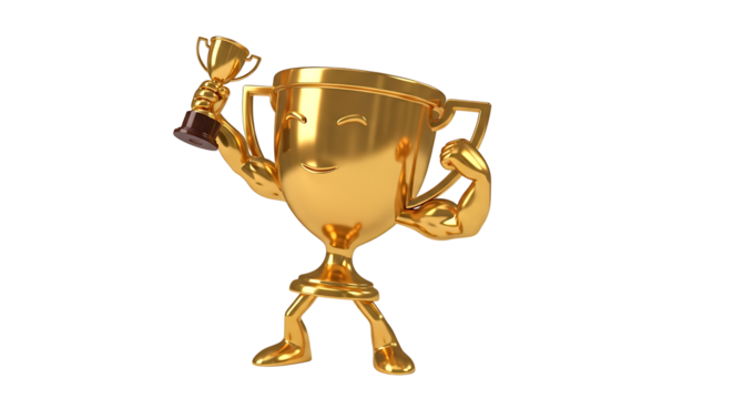 A golden trophy with arms, legs and face holds a small trophy above its head against a transparent background. 