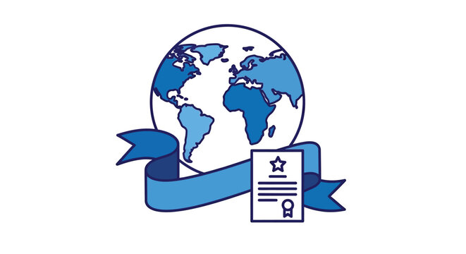 Globe with ribbon and certificate a striking blue design silhouette