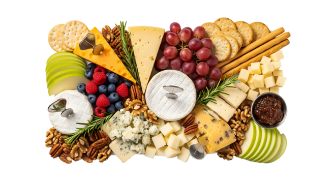 Delicious charcuterie board featuring a variety of cheeses, crackers, fruits, nuts, and spreads. Perfect appetizer! - Powered by Adobe