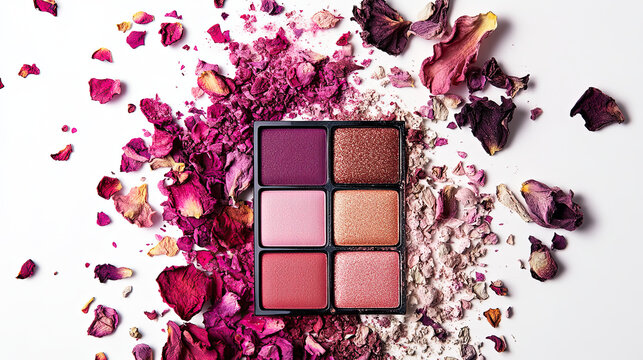 Dried rose themed eyeshadow palette with vibrant colors and floral accents. arrangement of shades creates beautiful aesthetic, perfect for makeup enthusiasts