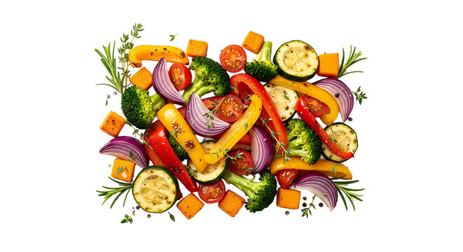Vibrant assortment of grilled vegetables featuring broccoli, bell peppers, onions, tomatoes, and zucchini, ready to serve.