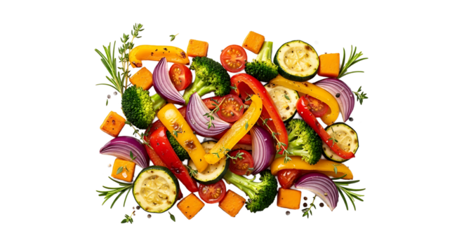 Vibrant assortment of grilled vegetables featuring broccoli, bell peppers, onions, tomatoes, and zucchini, ready to serve.