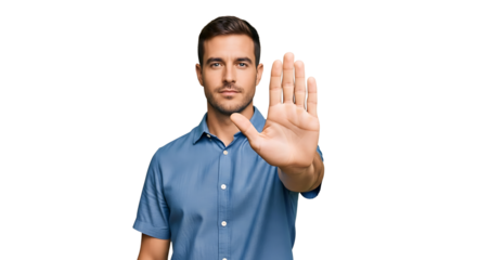 Person with a denim shirt making a stop gesture. The individual has dark hair, fair skin, and a serious facial expression.