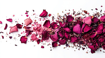 Dried rose petals and powder scattered on white background create vibrant and artistic display. rich colors evoke sense of beauty and elegance, perfect for cosmetic themes