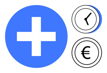 Blue plus surrounded by black and white clock and euro icons suggesting profit, balance, healthcare, and financial growth. Ideal for saving money, business, time management, finance, health
