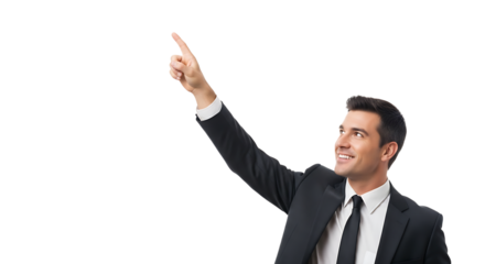 An enthusiastic man in a suit is pointing upward, smiling and looking forward to a bright opportunity ahead of him.