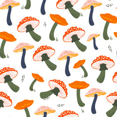 Vector seamless autumn pattern with mushrooms and leaves. Autumn pattern