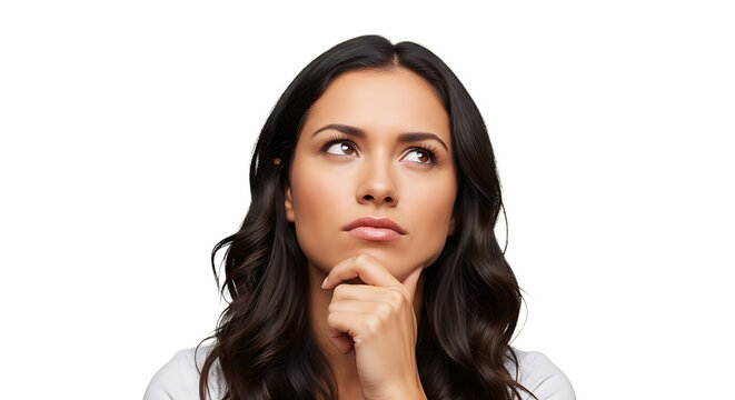 A pensive young woman gazes upwards, her hand thoughtfully resting beneath her chin, lost in contemplation and reflection. - Powered by Adobe