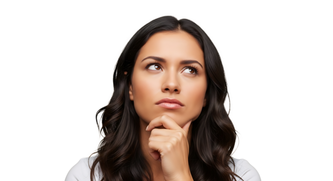 A pensive young woman gazes upwards, her hand thoughtfully resting beneath her chin, lost in contemplation and reflection. - Powered by Adobe