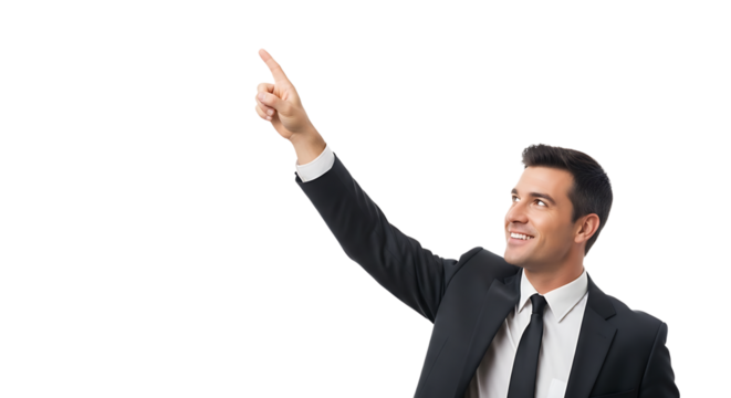 An enthusiastic man in a suit is pointing upward, smiling and looking forward to a bright opportunity ahead of him.