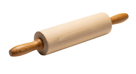 Fototapeta premium Wooden rolling pin with light wood barrel and darker wood handles, culinary tool for baking and pastry making.