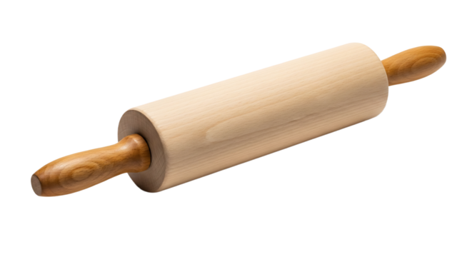 Wooden rolling pin with light wood barrel and darker wood handles, culinary tool for baking and pastry making.