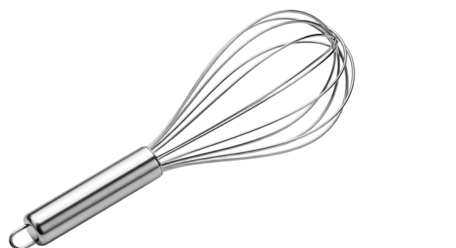 A sleek, stainless steel whisk stands ready for culinary action against a stark, contrasting transparent background.