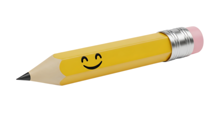 A cheerful yellow pencil with a smiling face, complete with eraser and sharpened tip, set against a stark transparent background.