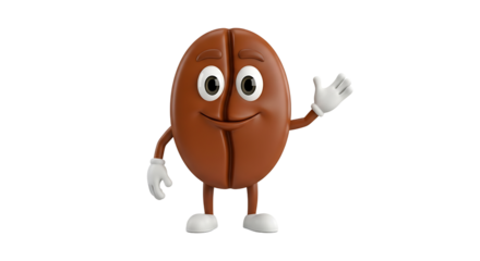 A cheerful, animated coffee bean character with a friendly wave, set against a solid transparent background. Aromatic greeting.