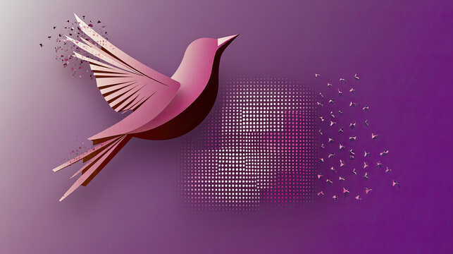 stylized bird in flight, designed with geometric shapes and gradient background, symbolizes freedom and creativity. artwork features blend of pink hues and dynamic dispersal effect