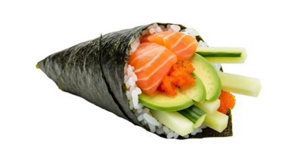 Exquisite temaki sushi cone filled with fresh salmon, avocado, rice, cucumber, and fish roe, a culinary delight.