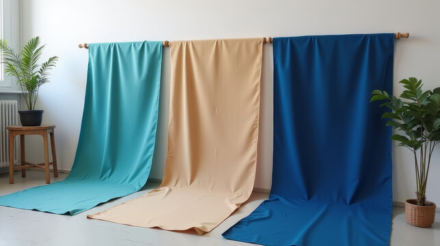 Designer textile studio with fabric rolls in teal, beige, and cobalt tones, natural daylight and creative workspace atmosphere - Powered by Adobe