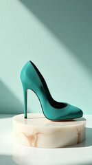 Minimalist still life of teal suede high heels on marble pedestal, luxury product shot with soft shadow gradient