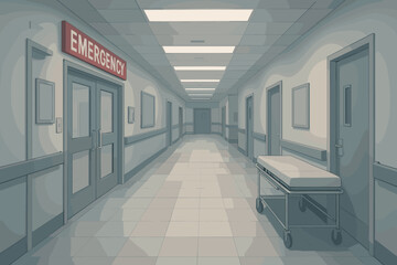 Obraz premium Empty hospital corridor with an examination trolley, featuring emergency room entrance and fluorescent ceiling lights.