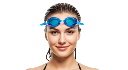 A portrait of a woman with wet hair wearing blue goggles, smiling confidently before or after her swim practice.